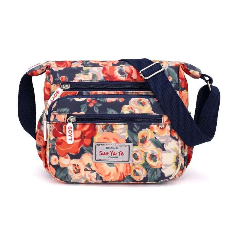 Women Crossbody Bags Casual Shoulder Backpack Multi Layered Floral Print Mother Handbag Canvas Cloth Bag Travel Messenger Purses