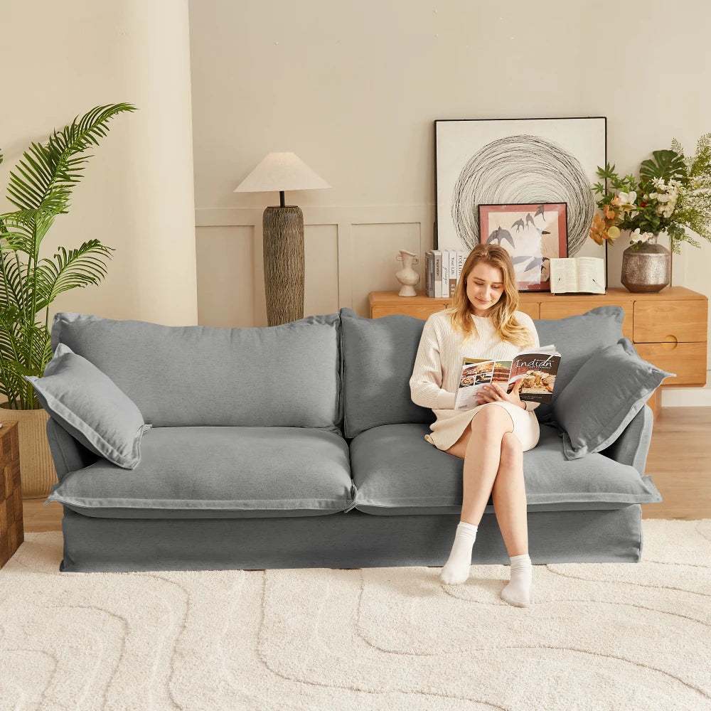 87'' Upholstered Cloud Sofa,3 Seat Fabric Couch with Pillows,Concealed Legs and Washable Covers for Living Room,Apartment,Ivory