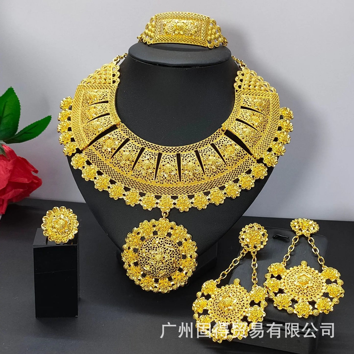 24k gold-plated exaggerated large-scale alloy necklace earrings bracelet ring women's wedding jewelry set