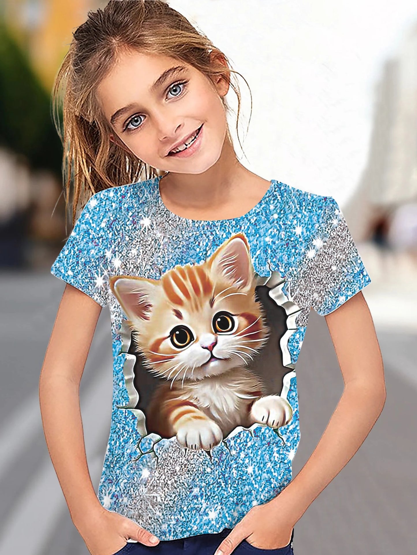 T-Shirt for Girls Cute Kitten Girls Clothes Kids T-Shirt Summer Short Sleeve Children Outdoor Sports Tops T-Shirt for Girls
