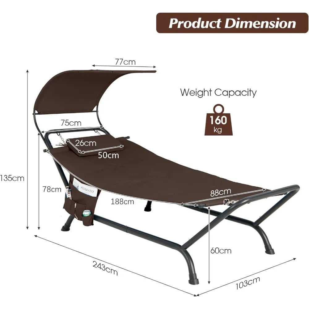 Outdoor Hammock, with Stand and Canopy, Patio Swing Hammock Bed with Cushion, Pillow & Storage Pocket, Hanging Chaise Lounge