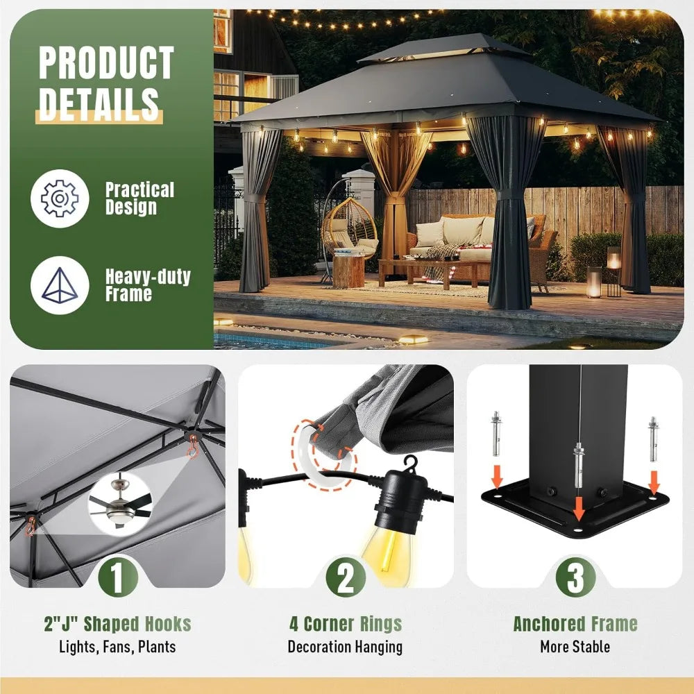 AOXUN Outdoor Gazebo for Patio 10x12, Metal Frame Canopy with Double Roofs, Heavy Duty Party Tent and Shelter with Mosquito Nett