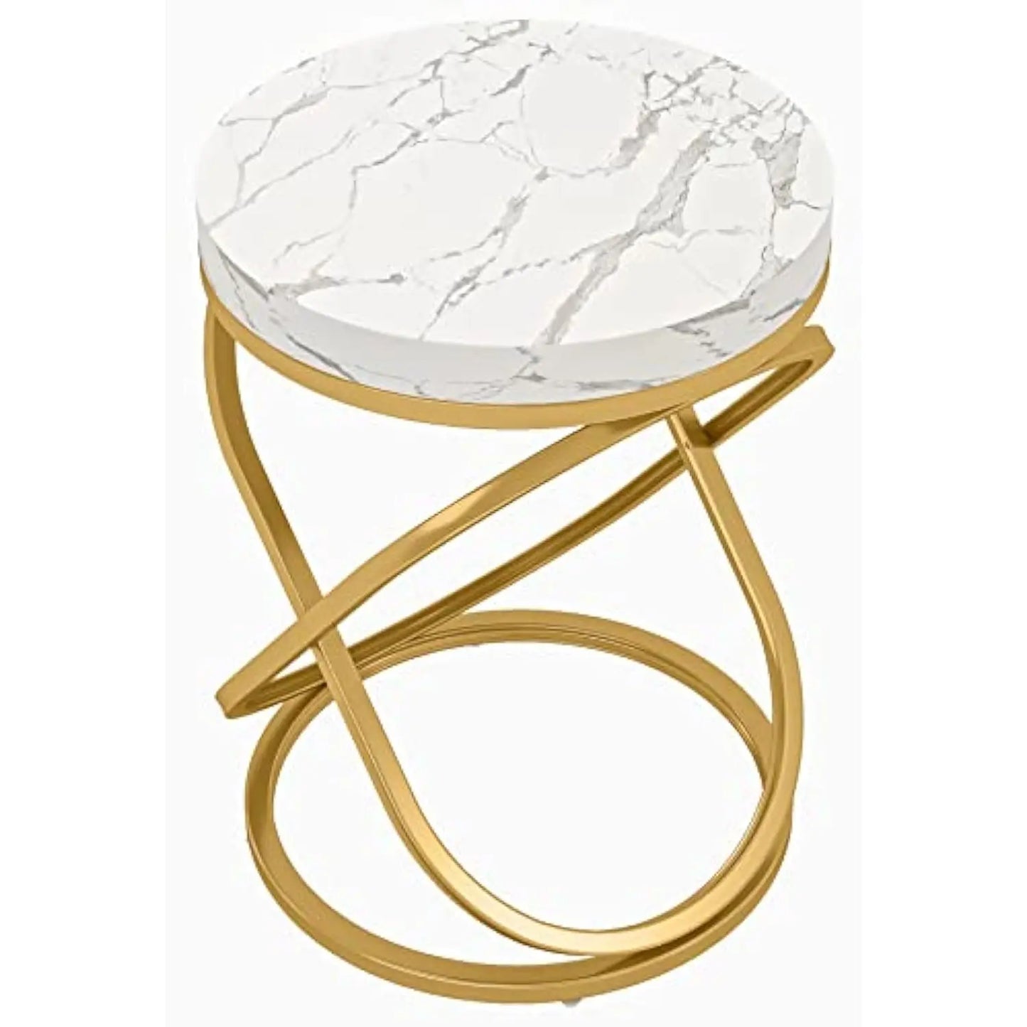 26 Inches White and Gold Faux Marble Top End Tables Living Room, Round Nightstands Sofa Side Table with Double X-Shaped Ring U