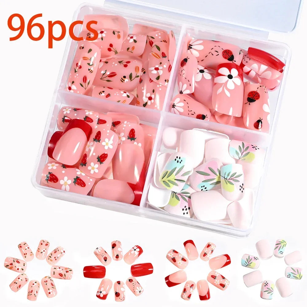 576pcs/Box Colorful Fake Nails Black Red Design Fake Nail Oval Short Square Press On False Nails Mixed Full Cover Nail Tips
