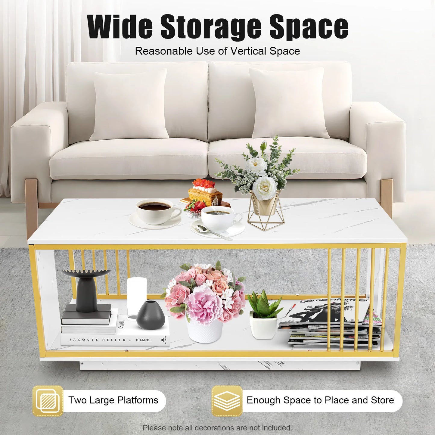 Modern Two-Tier Coffee Table with Marble Pattern, Gold & White Rectangular Living Room Tablem, 25kg Load Capacity, Easy Assembly