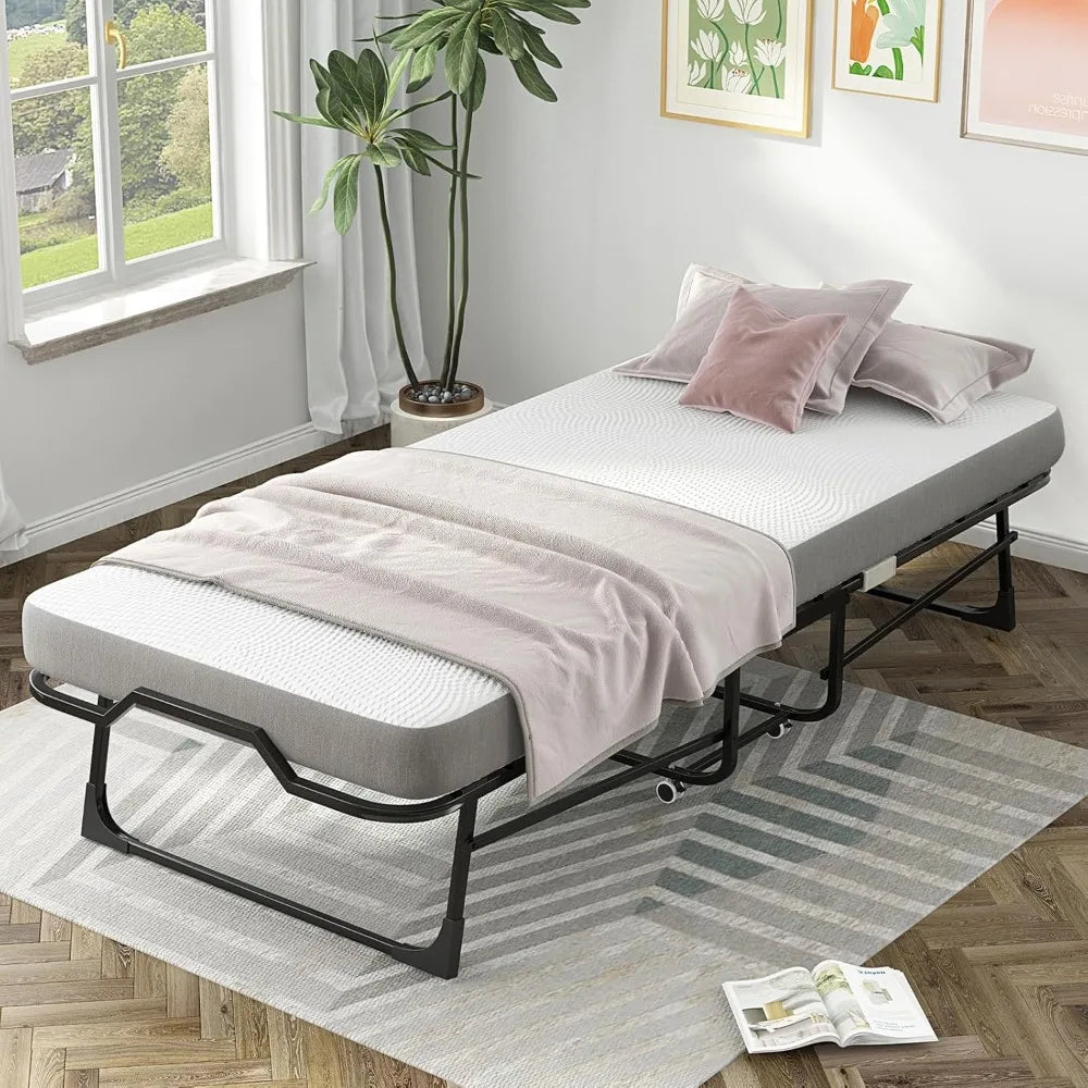Twin Size Rollaway Bed, 75" x 38" Folding Bed with 3.8 Inch Foam Mattress, Space-Saving with Sturdy Metal Frame,Portable beds