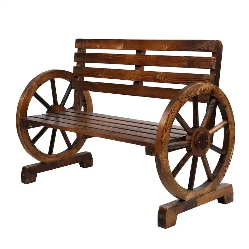 Rustic Fir Wood Garden Bench, Outdoor Wagon Wheel Wooden Loveseat, Brown Patio Bench for Outdoors