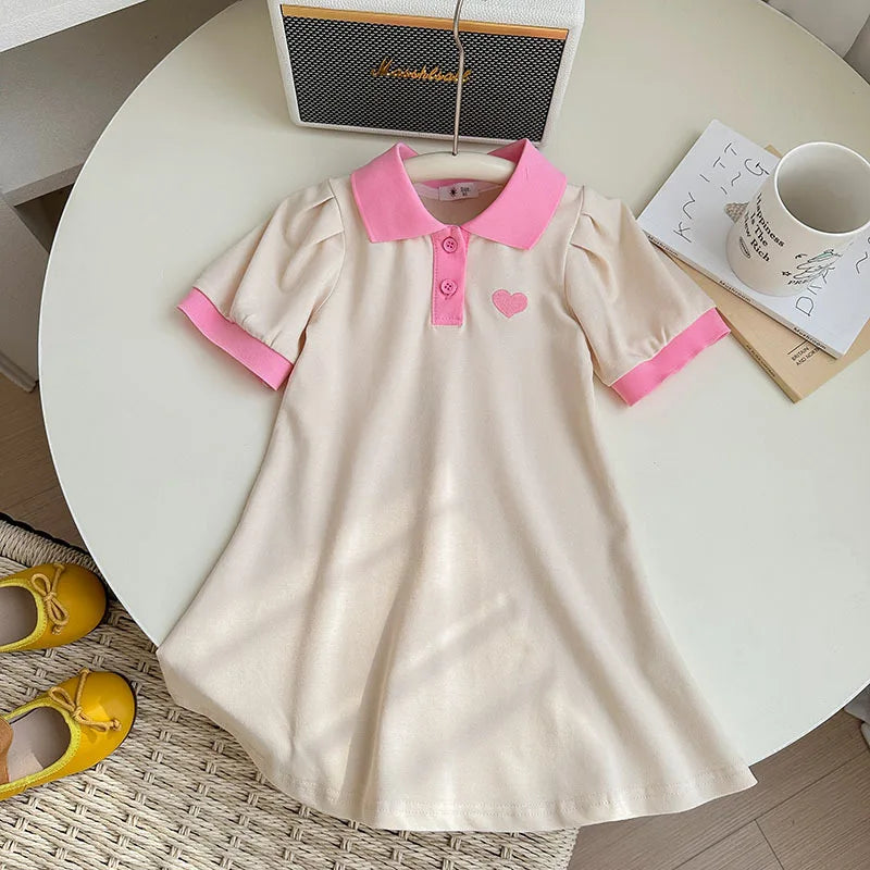 2025 Summer Stylish Girls' Polo Shirt Dresses 1-7Y Trendy Embroidered Heart Lapel Dress for Kid's Children's Clothing Outfit