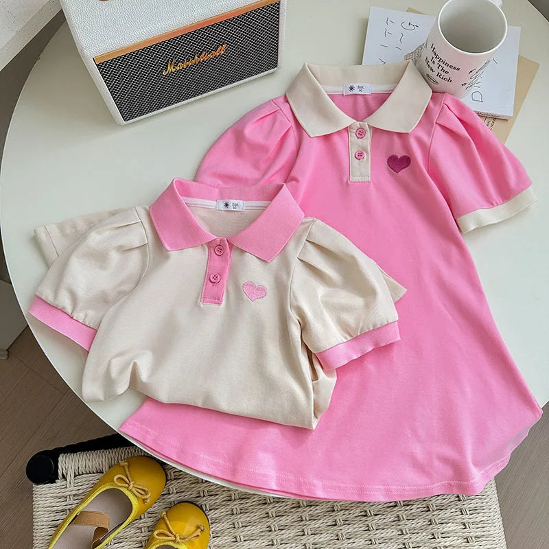 2025 Summer Stylish Girls' Polo Shirt Dresses 1-7Y Trendy Embroidered Heart Lapel Dress for Kid's Children's Clothing Outfit
