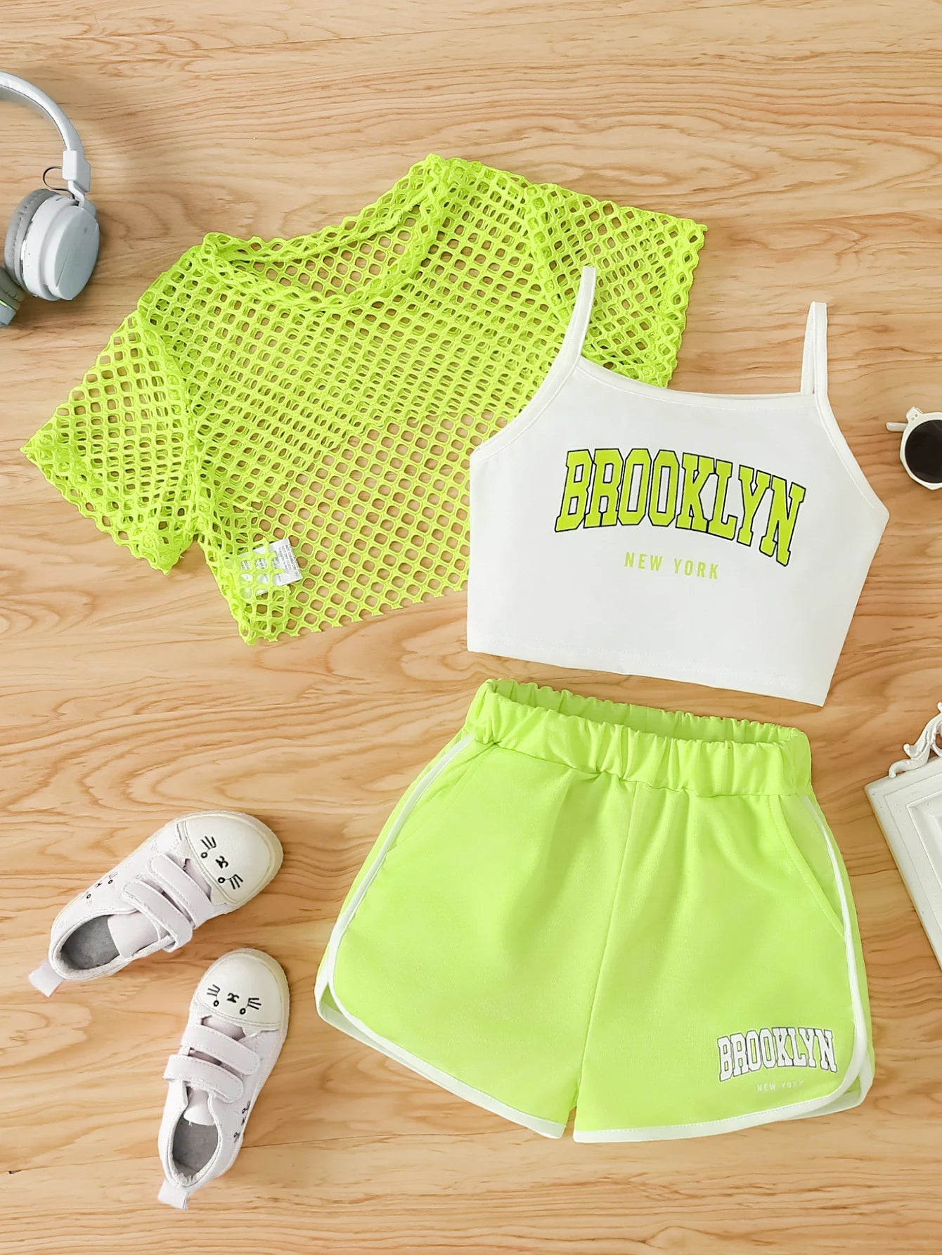 Girls Three-Piece Clothing New Breathable Summer Thin Fashion Short-Sleeved Mesh Top + Letter Printed Short Vest Suspender + Letter Printed Sports Shorts