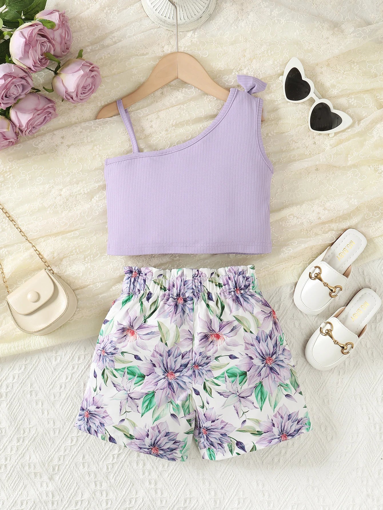 2PCS Summer Kids Girl Clothes Set Suspenders Bow Top+Flower Shorts Fashion Sense Design Party Costume For Child Girls 1-8 Years