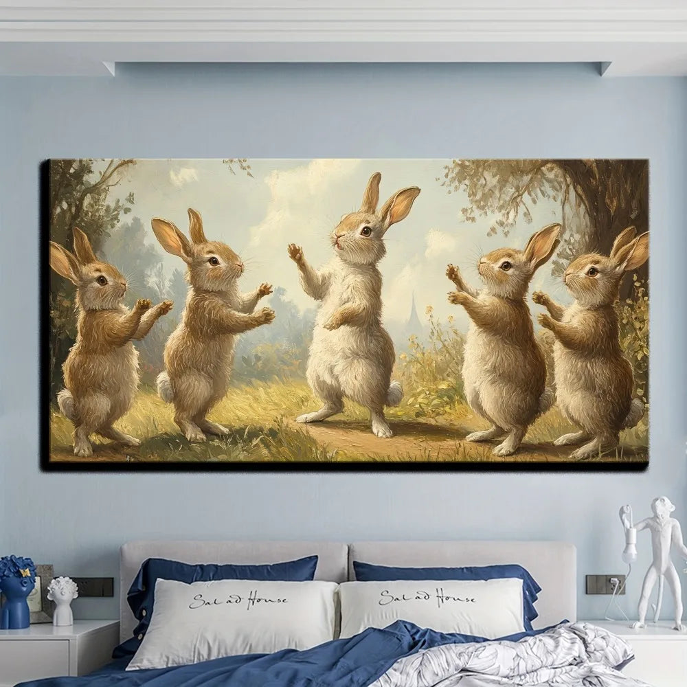 Wooden frame rabbit canvas painting wall art printing poster wall decoration home gifts, 1.5 inch thick pine solid wood frame