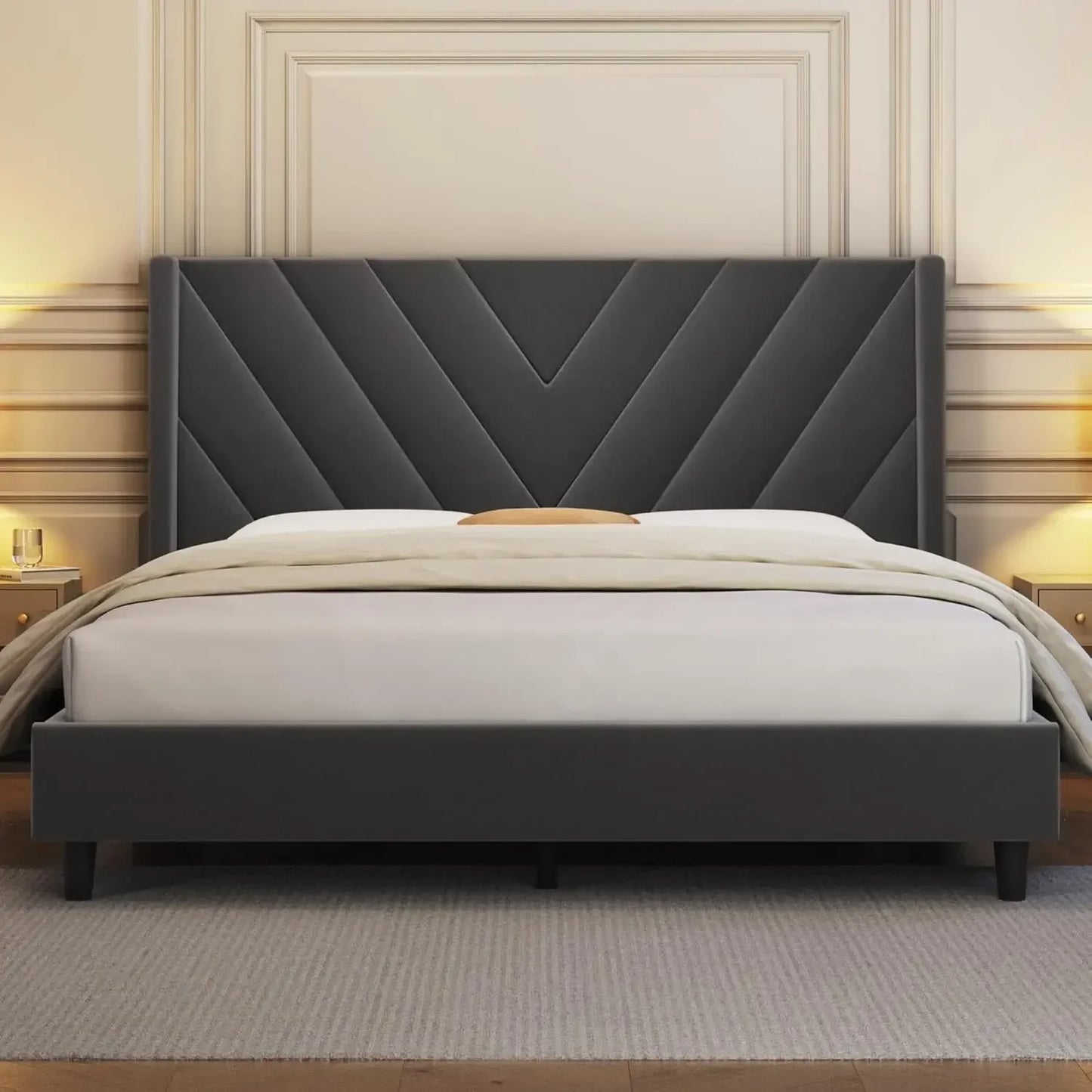 Bed Frame Upholstered Platform Bed with Wing Side/Wooden Slat Support/Tufted Headboard with Wing Side/Mattress Foundation