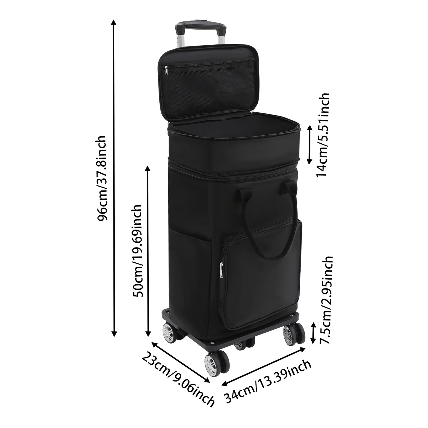 Black 2-in-1 Expandable Rolling Shopping Bag with 5 Wheels, Foldable Trolley Luggage Cart for Travel, Grocery, Business Use