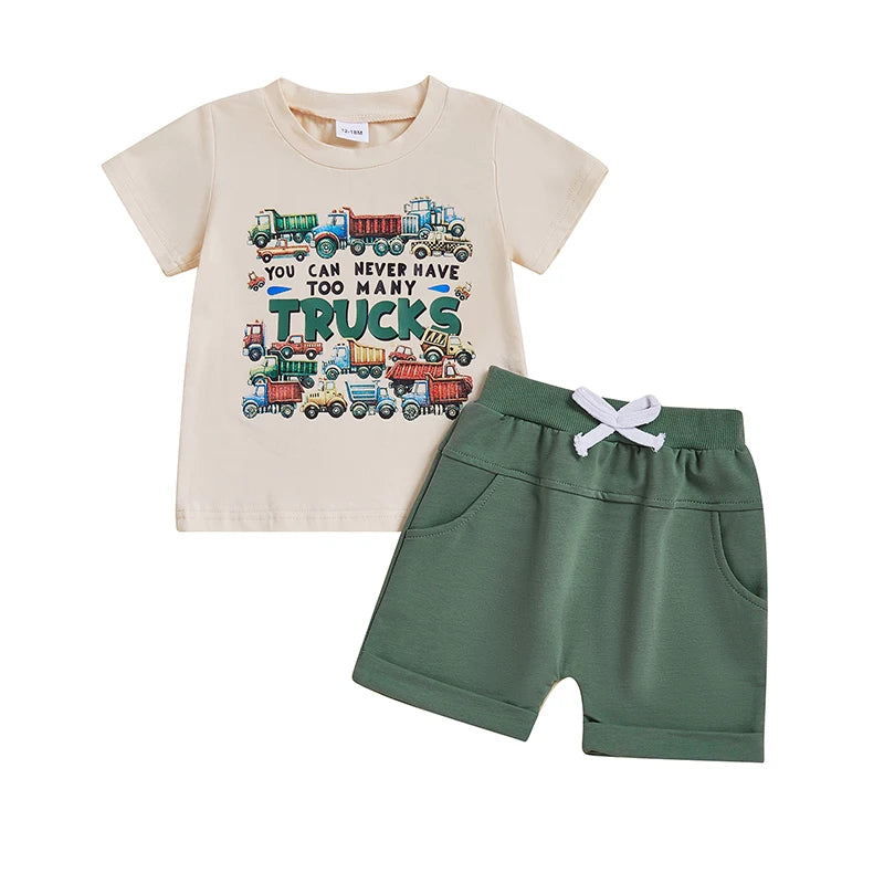 Boys Summer Outfit Sets with Short Sleeve O Neck Truck Print Tops and Solid Color Shorts - Casual and Cool Summer Wear for Boys