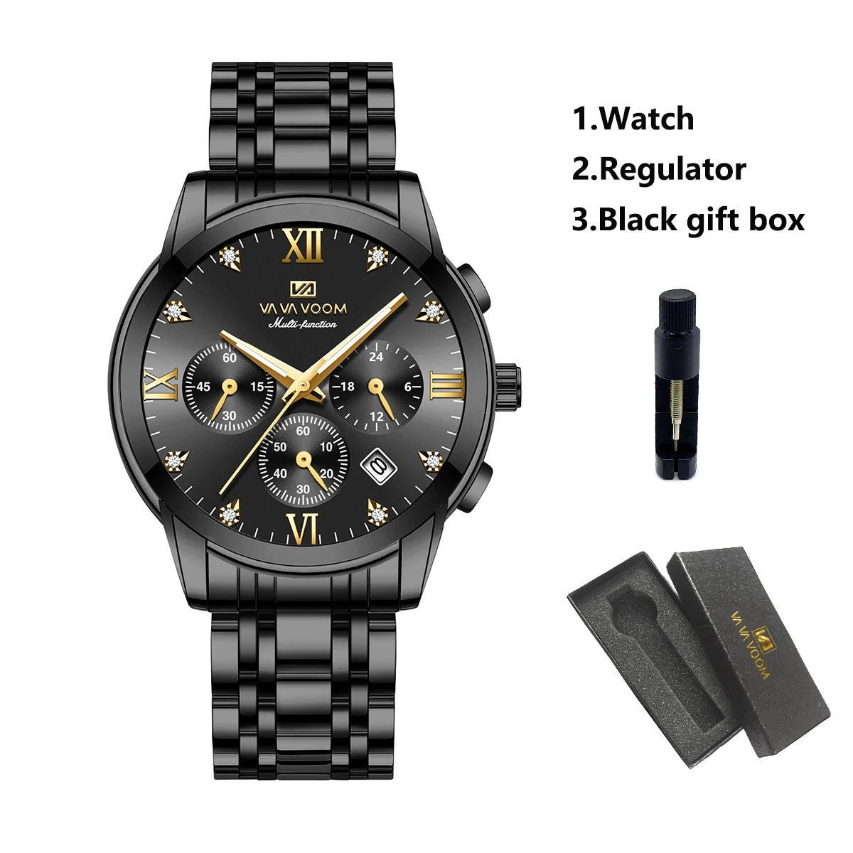 VA VA VOOM Men Multifunctional Watch Fashionable Stainless Steel Strap Blue Gold Gorgeous Rhinestone Clock Casual Sports Watches