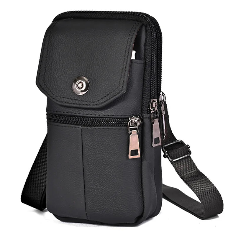 Men's Messenger Bag Cowhide Leather Bag Mobile Phone Pouch Pocket Wallet Male Small Travel Waist Bag Multi-Pockets Chest Bag