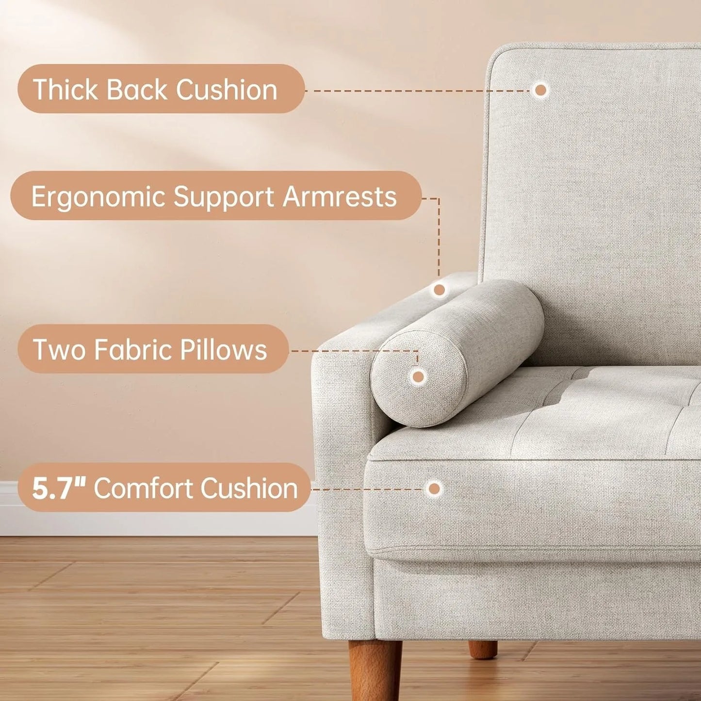 Loveseat Sofa, 48 Inch Small Sofa Couch for Bedroom and Living Room, Removable Sofa Cover Spring Cushions and Solid Wood Frame
