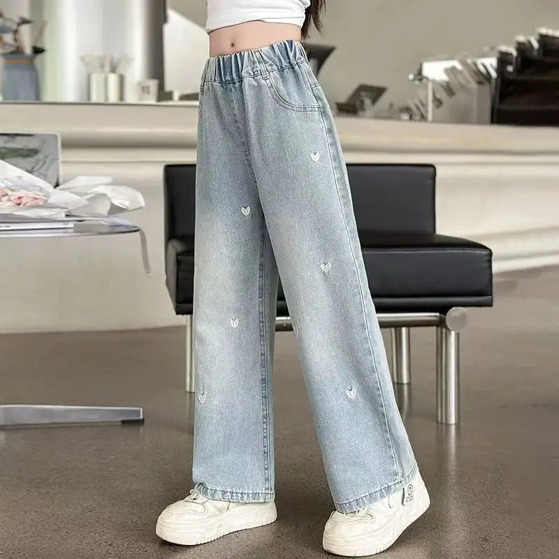 Summer Girls Middle School Fashion Loose Solid Color Small Love Jeans Casual Pants Wide Leg Pants 4-10 Years Old