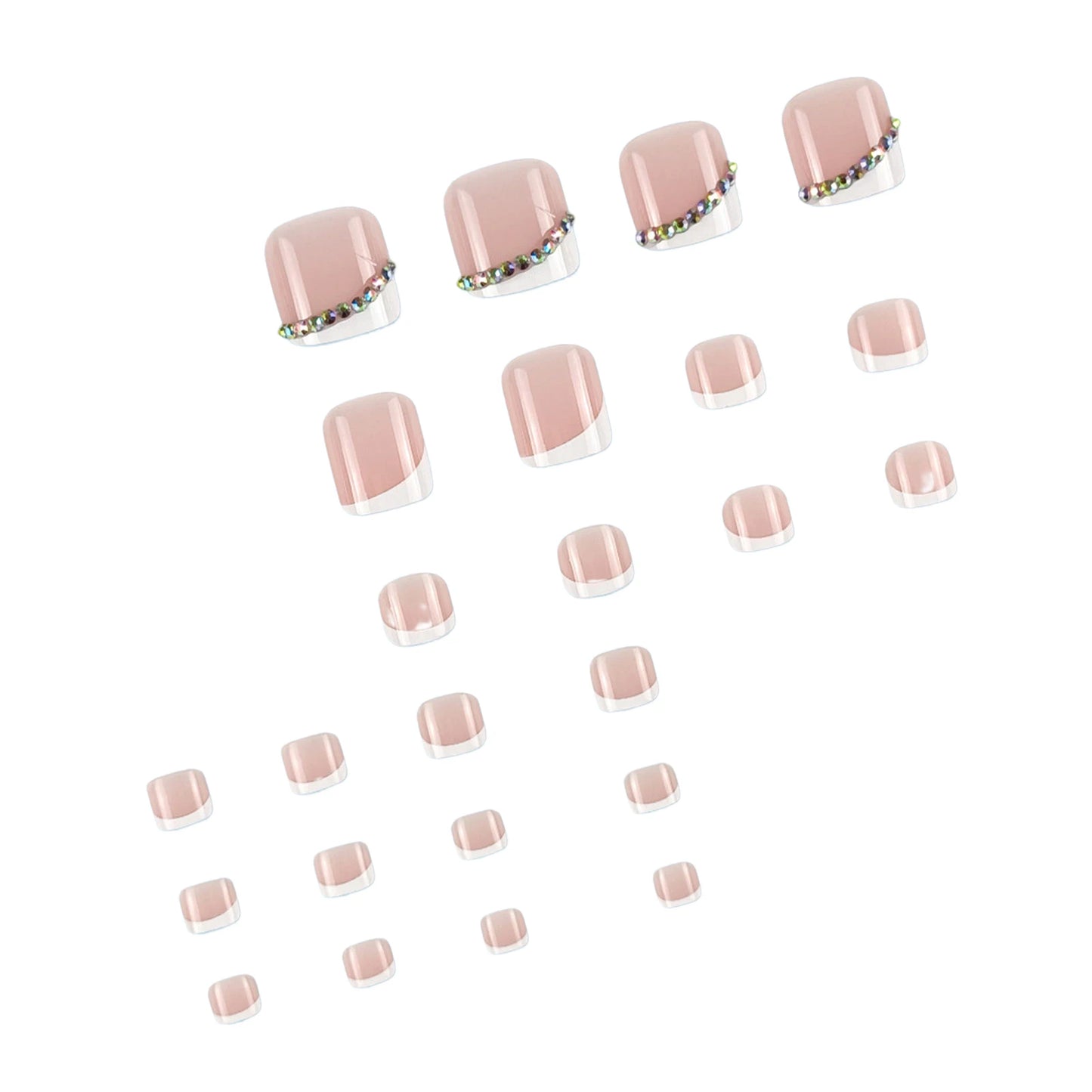 Nude Color False Toenail with Rhinestones Short Square Style Glossy False Nail with Glue for Women Manicure DIY Tool