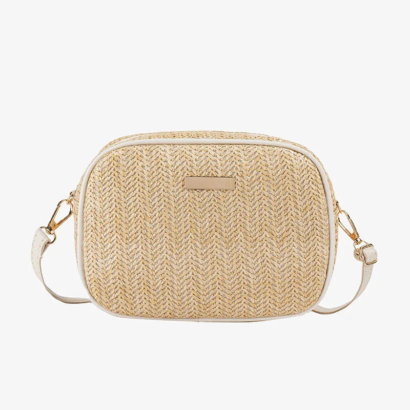 Knitted camera bag with bright film decoration, fashionable and simple grass woven bag, women's crossbody shoulder bag