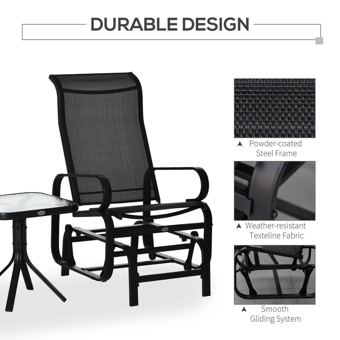Outsunny 3 Pcs Rocking Chair Gliding Chair Set w/ Table for Patio Garden Black