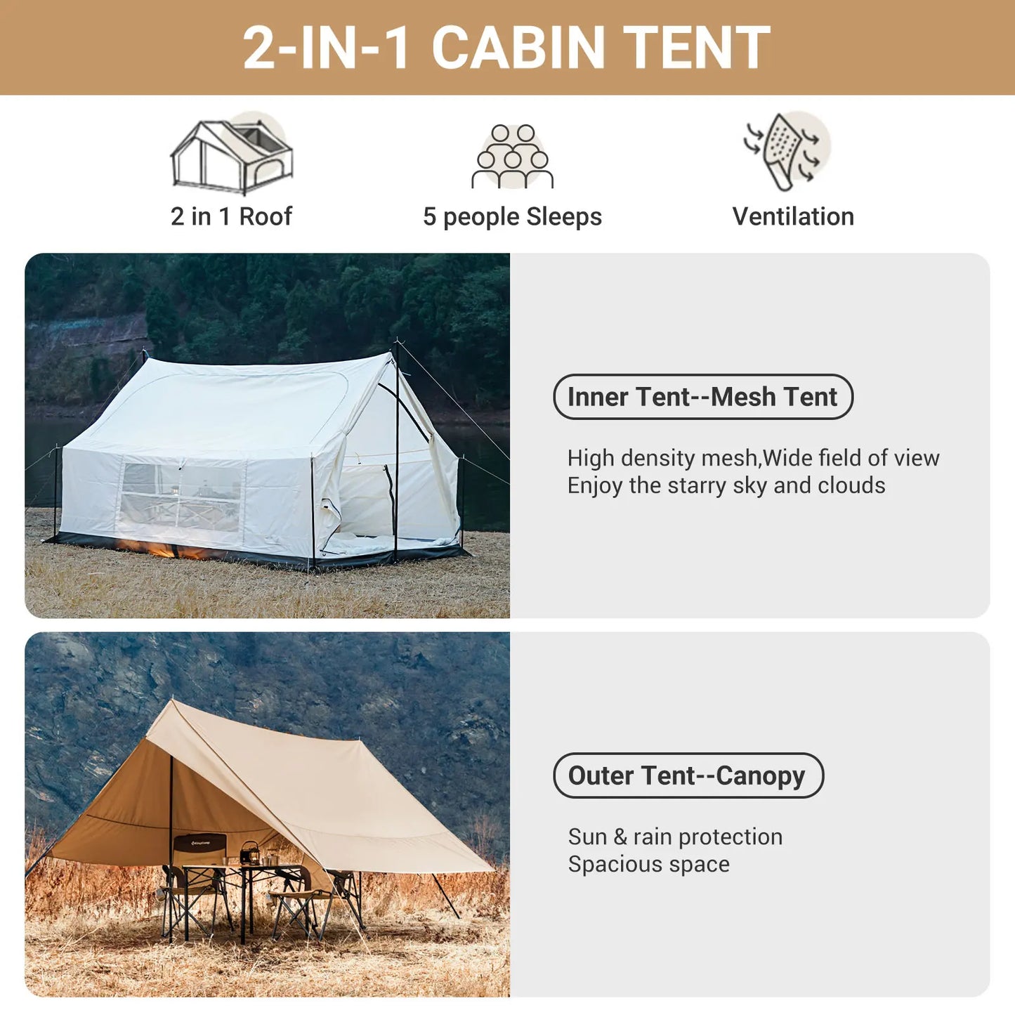 KingCamp Camping Tent, Canopy And Mesh Tent Function 2-in-1 Double Storey House Tent Glamping Tent With Huge Interior Space
