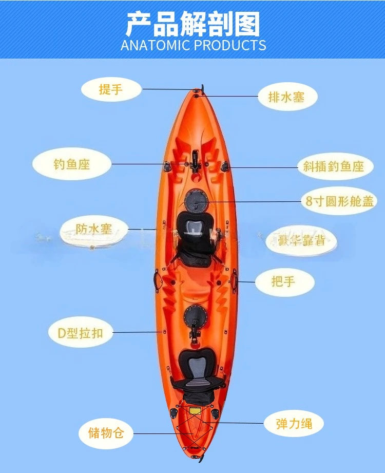 Double Seater 2 Person Kayak for Fishing Surfing with Paddle Plastic Sit on Top Kayak Rowing Boats 2 Fishing Rod Racks
