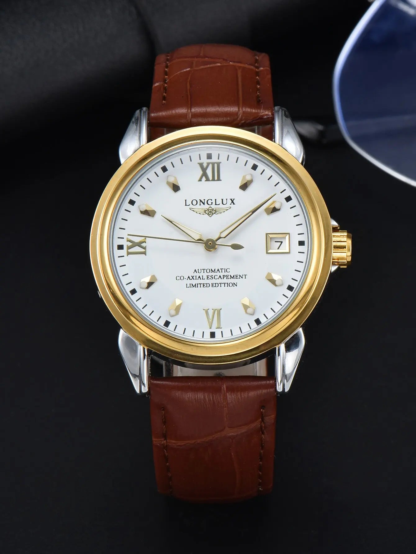 LONGLUX automatic man watch business leisure dating mechanical wristwatches day date waterproof leather mens watch men gift