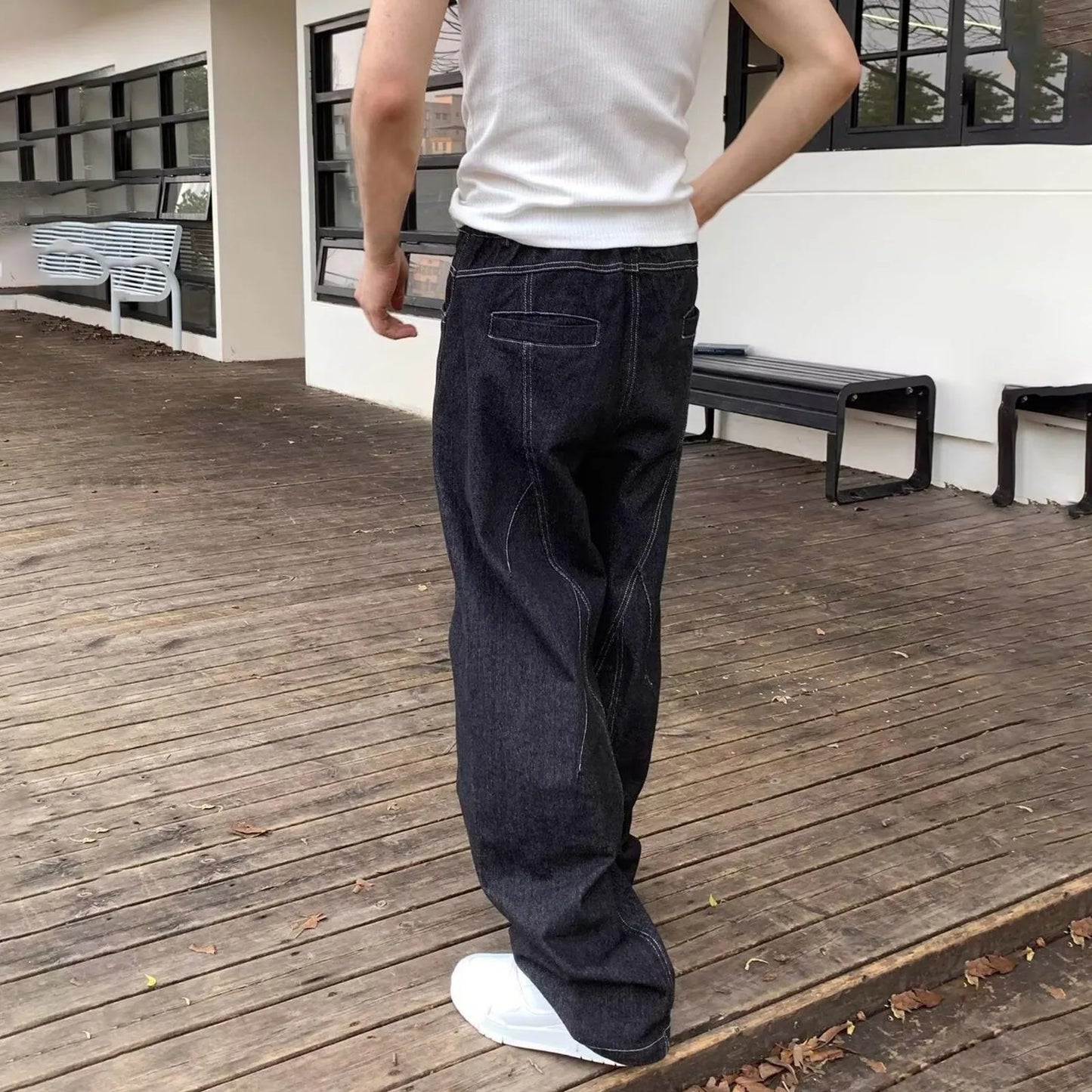 2024 American Style Black Vintage Jeans High-Waisted Loose-Fit Washing Denim Pants Trendy Couple Casual Mens Clothing Trousers