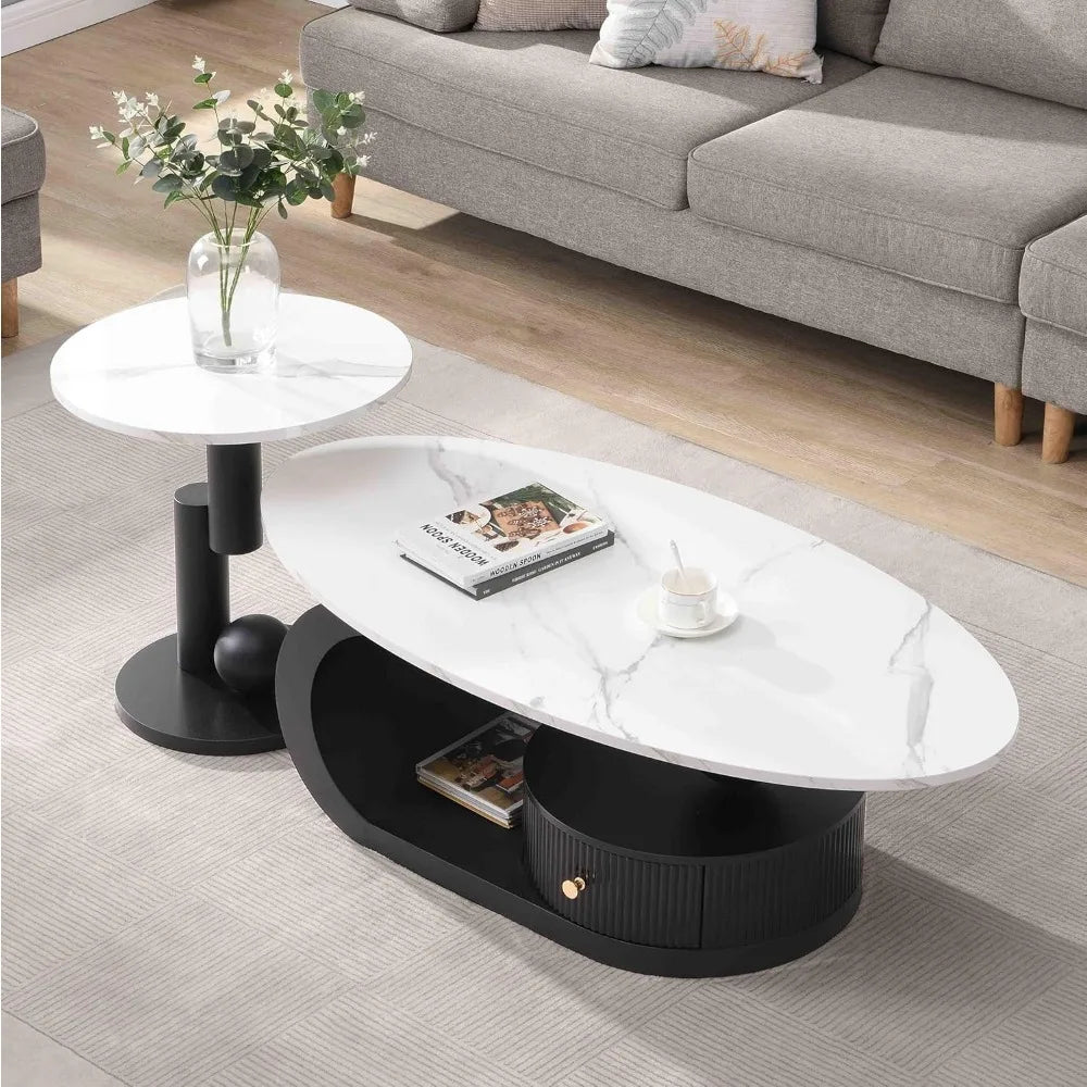 Modern Nesting Coffee Table Set of 2, 2-Piece Modern Oval Decorative Coffee Center Table with White Faux Marble Top and Black Me