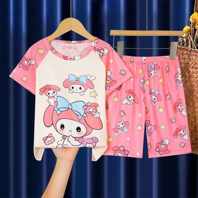 Cartoon Melody Summer Pajamas for Girls and Boys Short Sleeved Comfortable Sleepwear and Home Clothing Set for Kids Teenagers