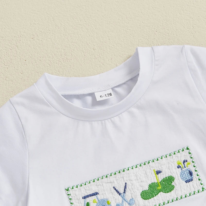 Adorable Infant Boy Golf Attire with Embroidered Tee and Elastic Waist Shorts Perfect for Summer Outings - 2 Piece Set in