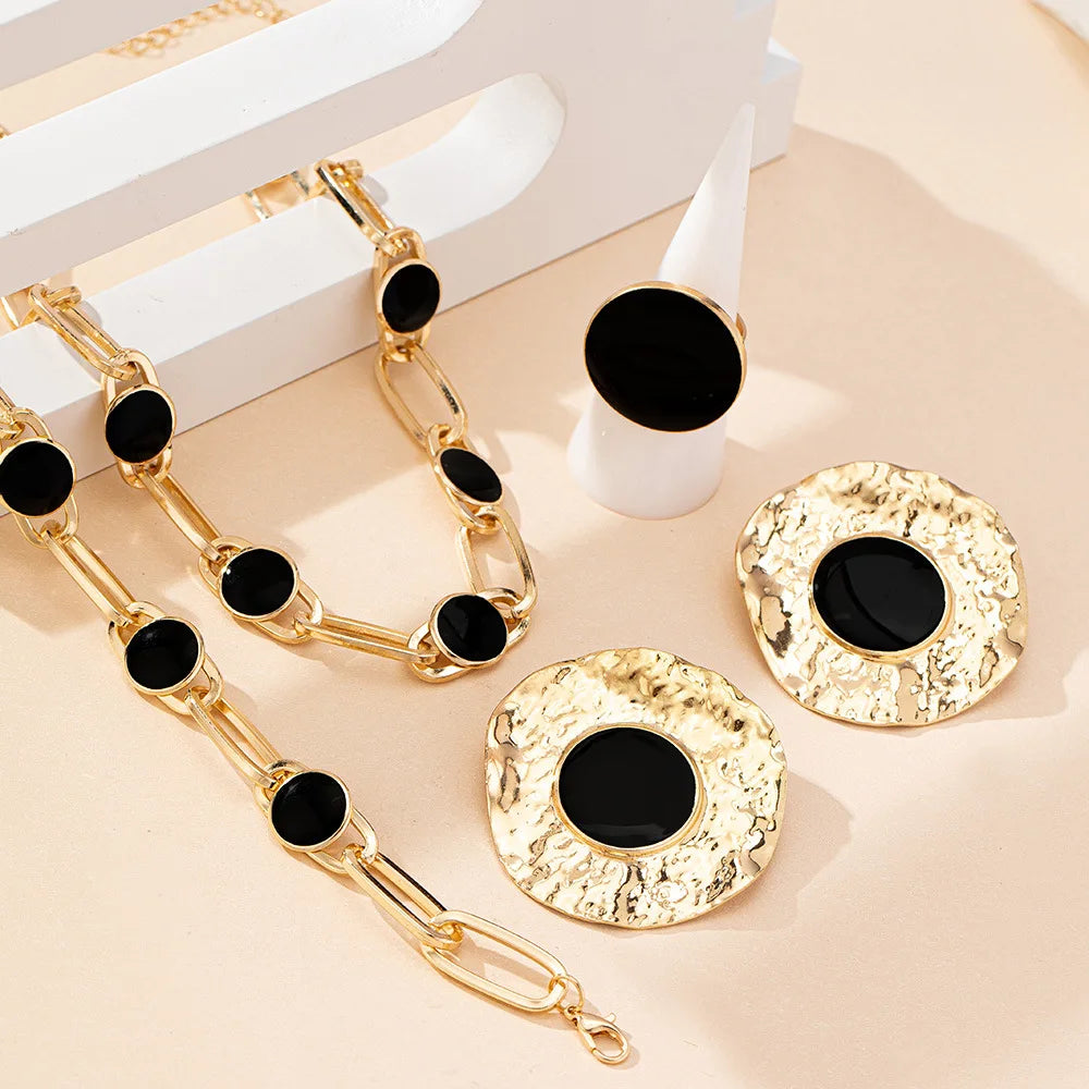 4 PCS Jewelry Set Big Black Disc Round Chain Resin Charm Choker Necklace Bracelet Gold Color Metal Earring Ring Statement Gifts