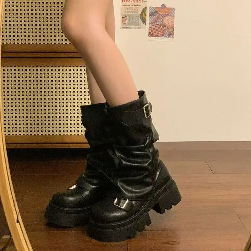 Shoes for Women Mid-Calf Women's Boots Platform Modern Boots Women Belt Buckle Square Toe Side Zip Square Heel Shoes Female