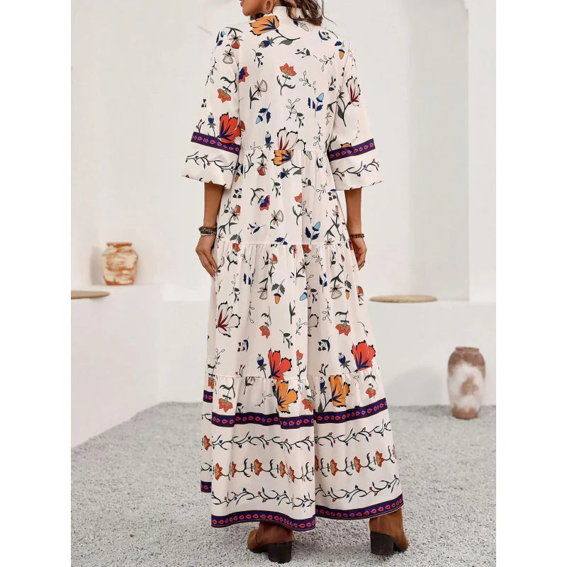 Boho Floral V Neck Dress - Women's 3/4 Sleeve Polyester Maxi Dress Casual Beach Cover Up Summer Vacation Outfit