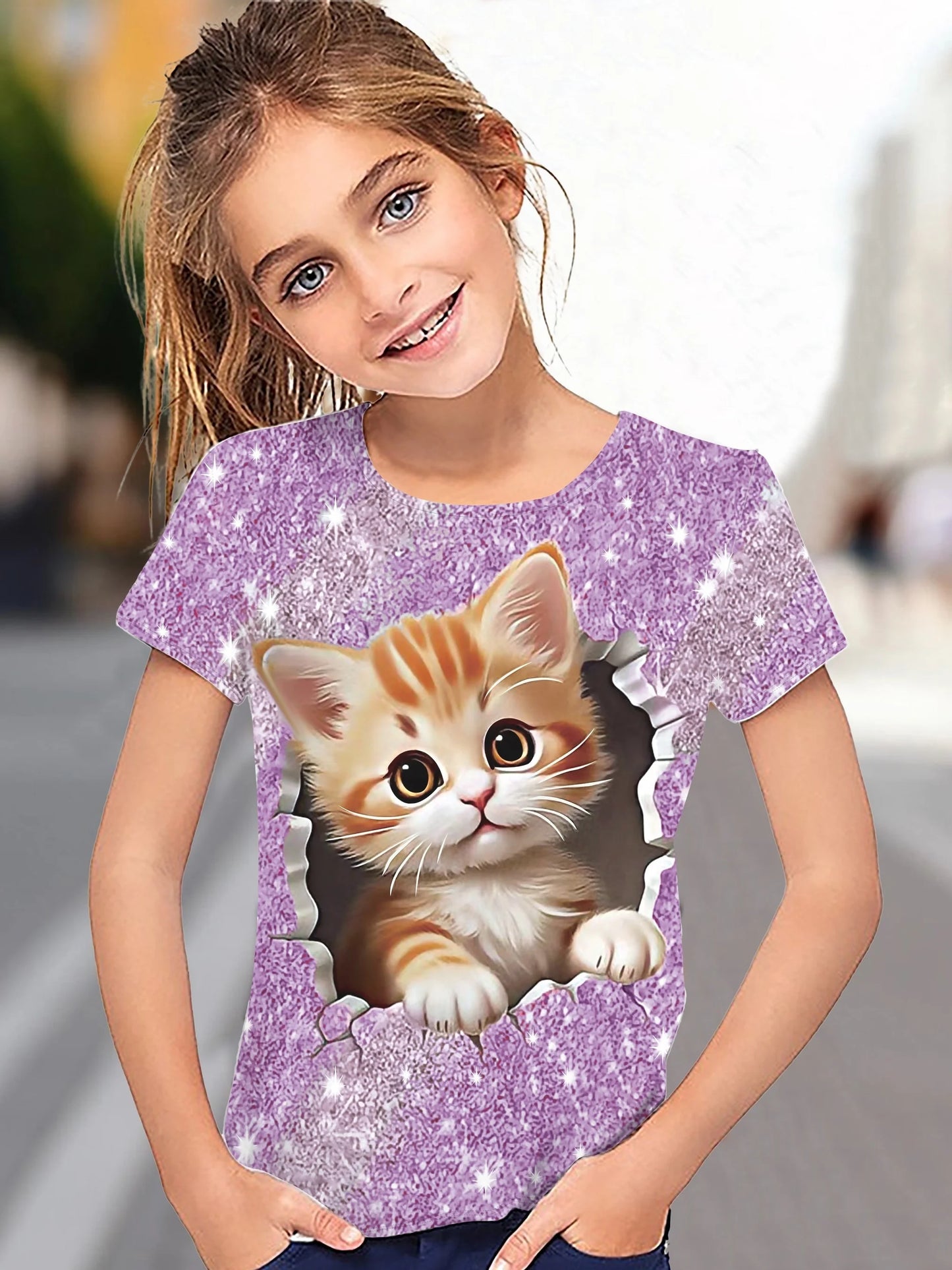 T-Shirt for Girls Cute Kitten Girls Clothes Kids T-Shirt Summer Short Sleeve Children Outdoor Sports Tops T-Shirt for Girls