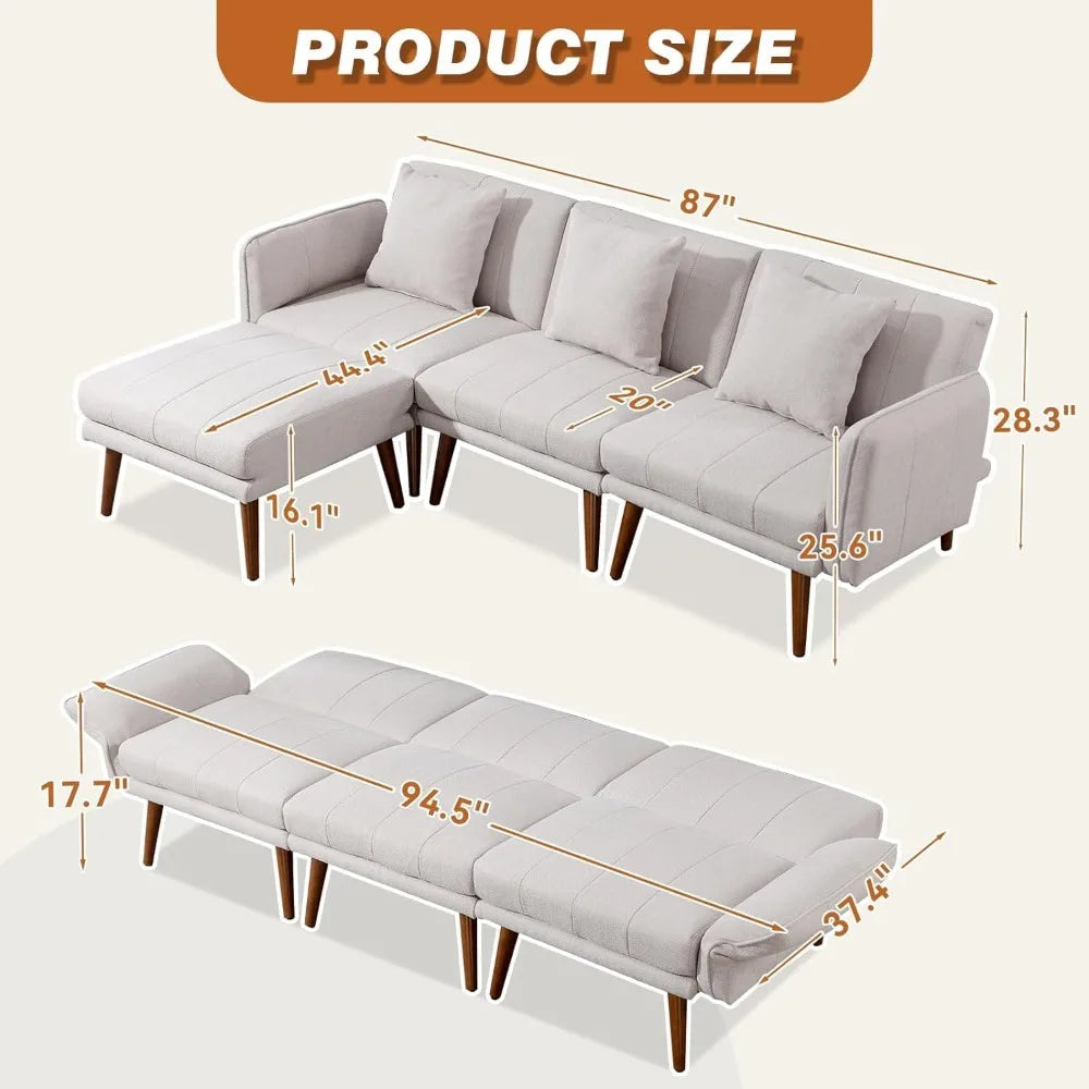 Sectional Couches Convertible Sofa Bed Comfy Sofa with Adjustable Armrest and Backrest for Living Room Bedroom Office Linen