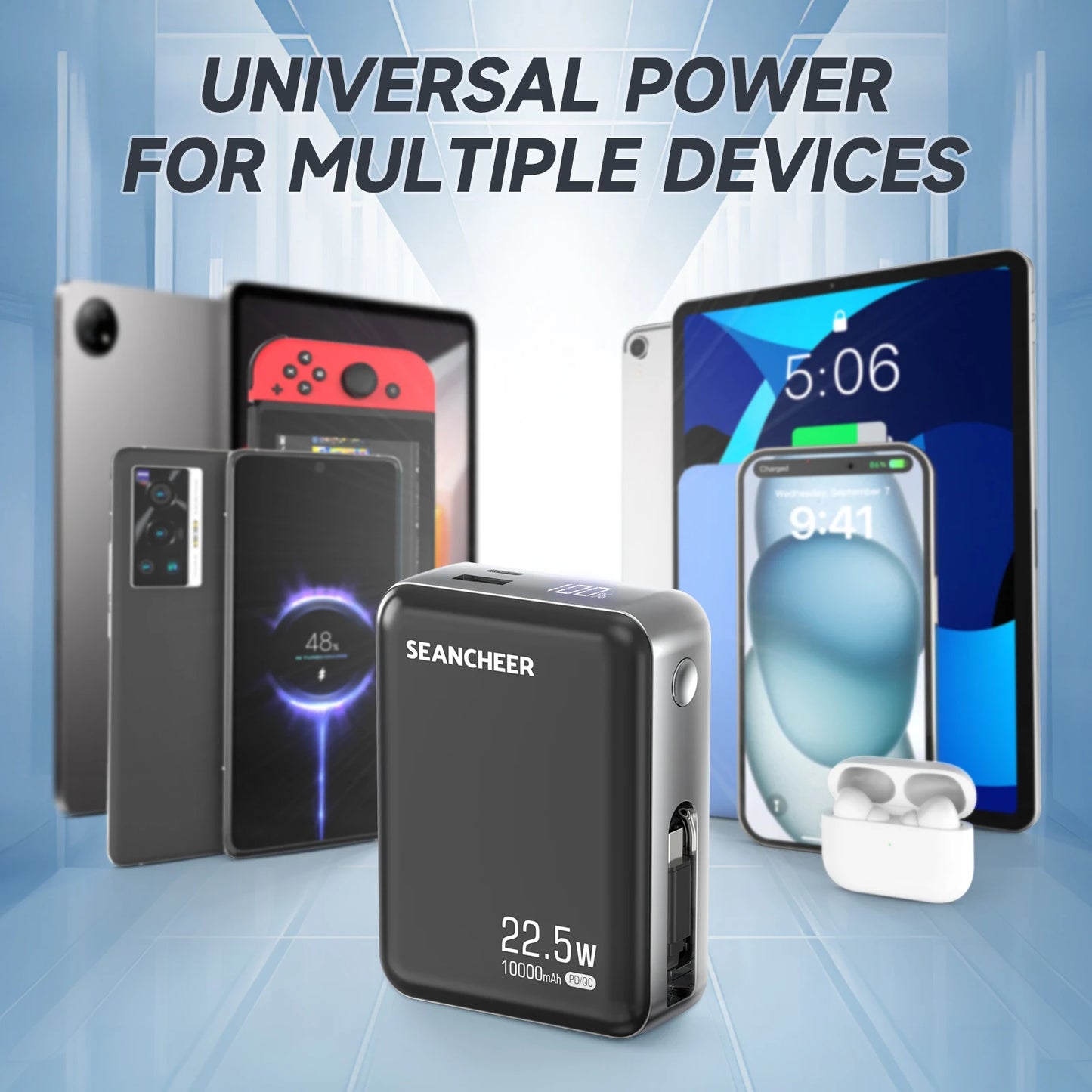 Mini Portable Charger,10000mAh Power Bank with 22.5w Fast Charging Retractable USB-C Cable,USB C in/Output for iPhone 16/15