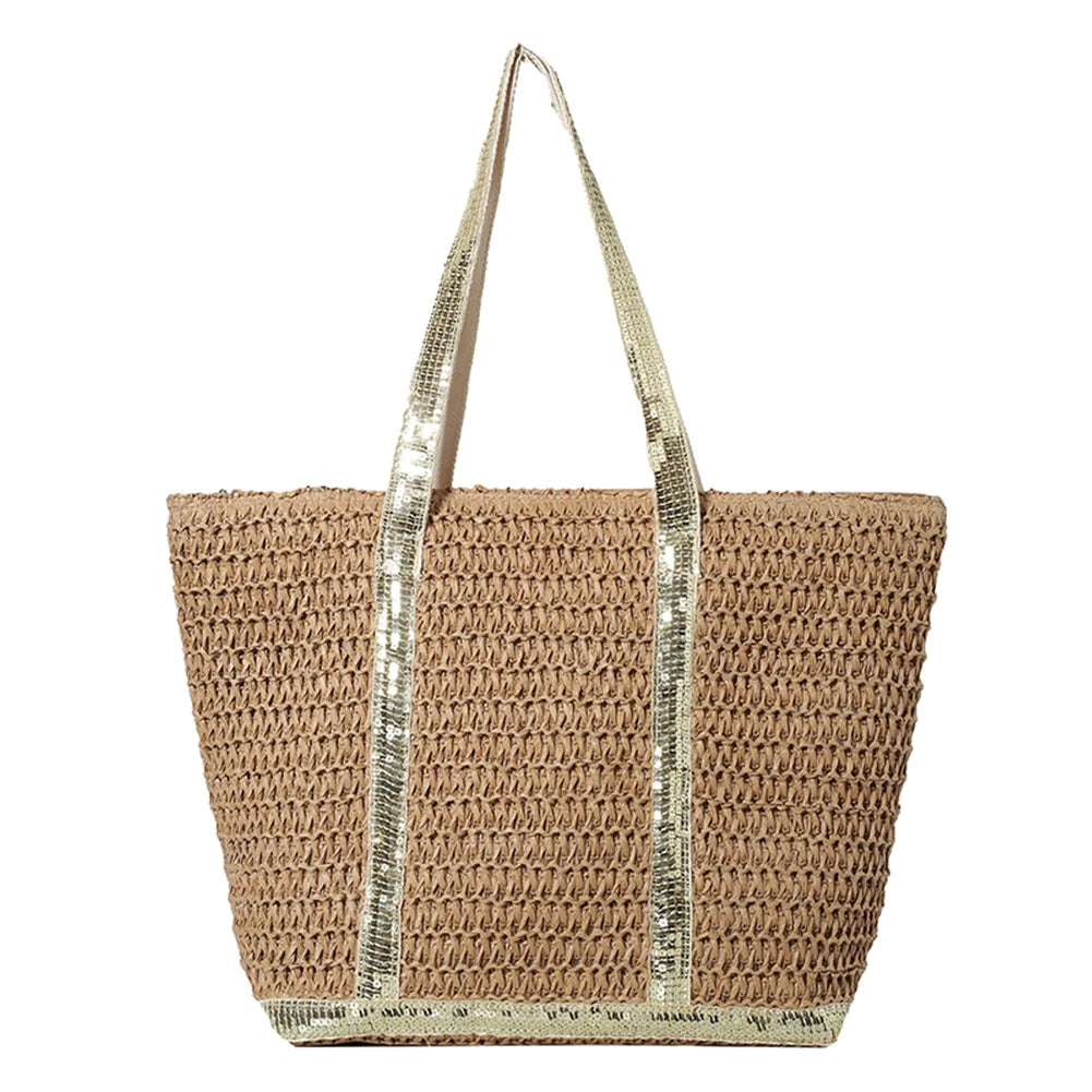 Women Straw Tote Handbag Large Capacity Sequins Simple Shoulder Bag Contrast Color Minimalist Tote Bag Ladies Summer Daily Bag