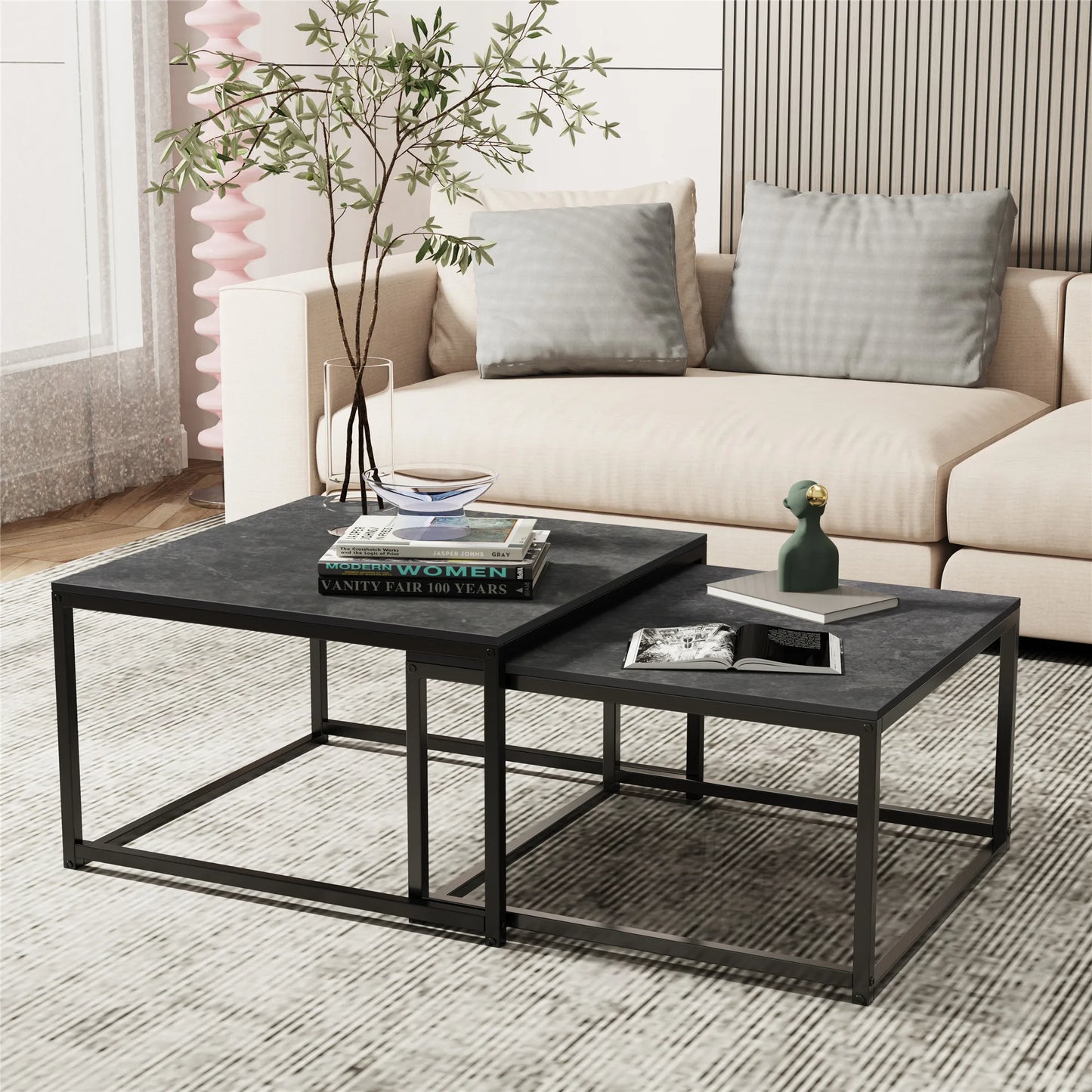 Modern Nesting Coffee Table Set of 2 for Living Room Center Office, Square Marble Cocktail Table with Stackable, White/Black