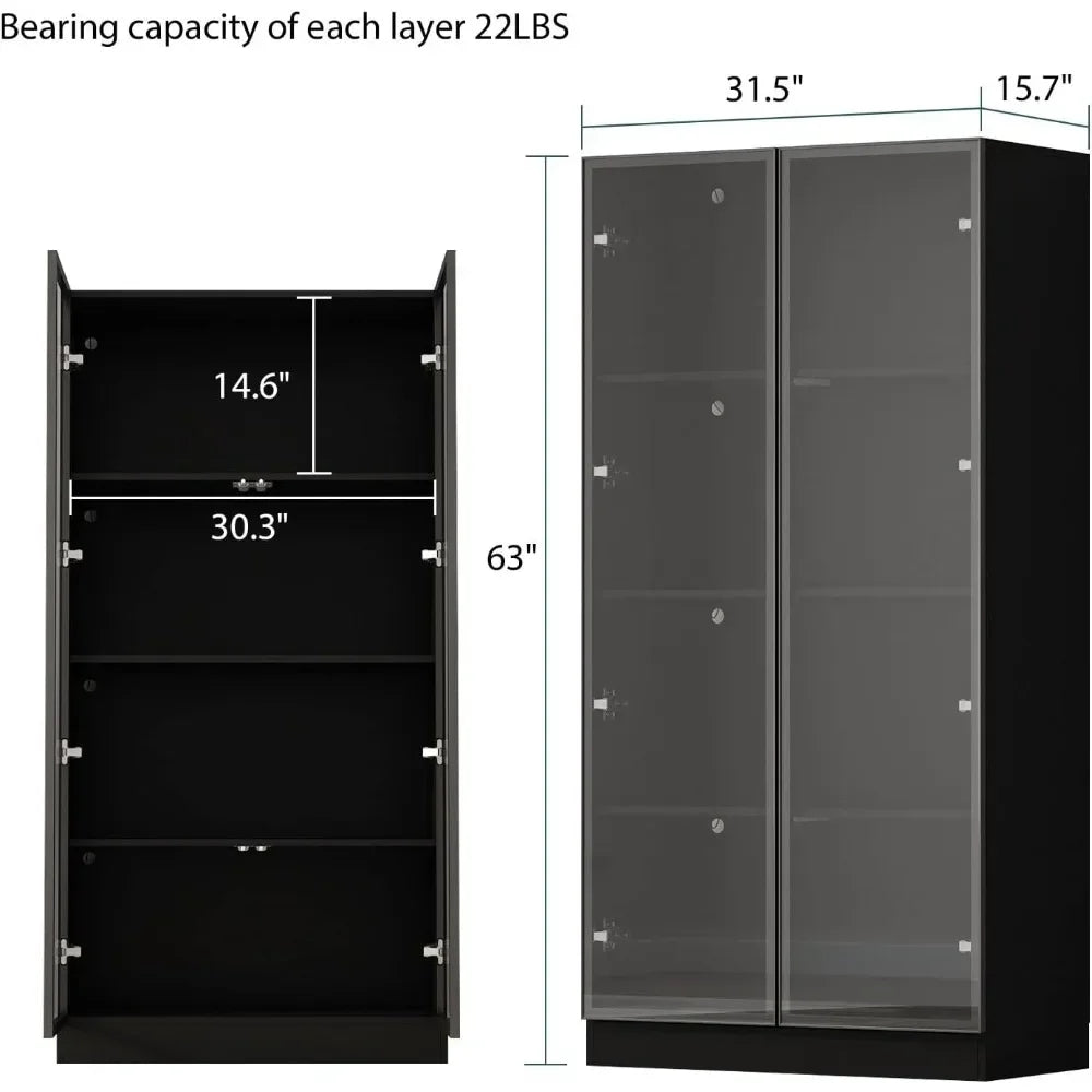 Display Cabinet with Glass Doors and Lights, 4-Tier Storage Shelves, Display Case Cabinet Black