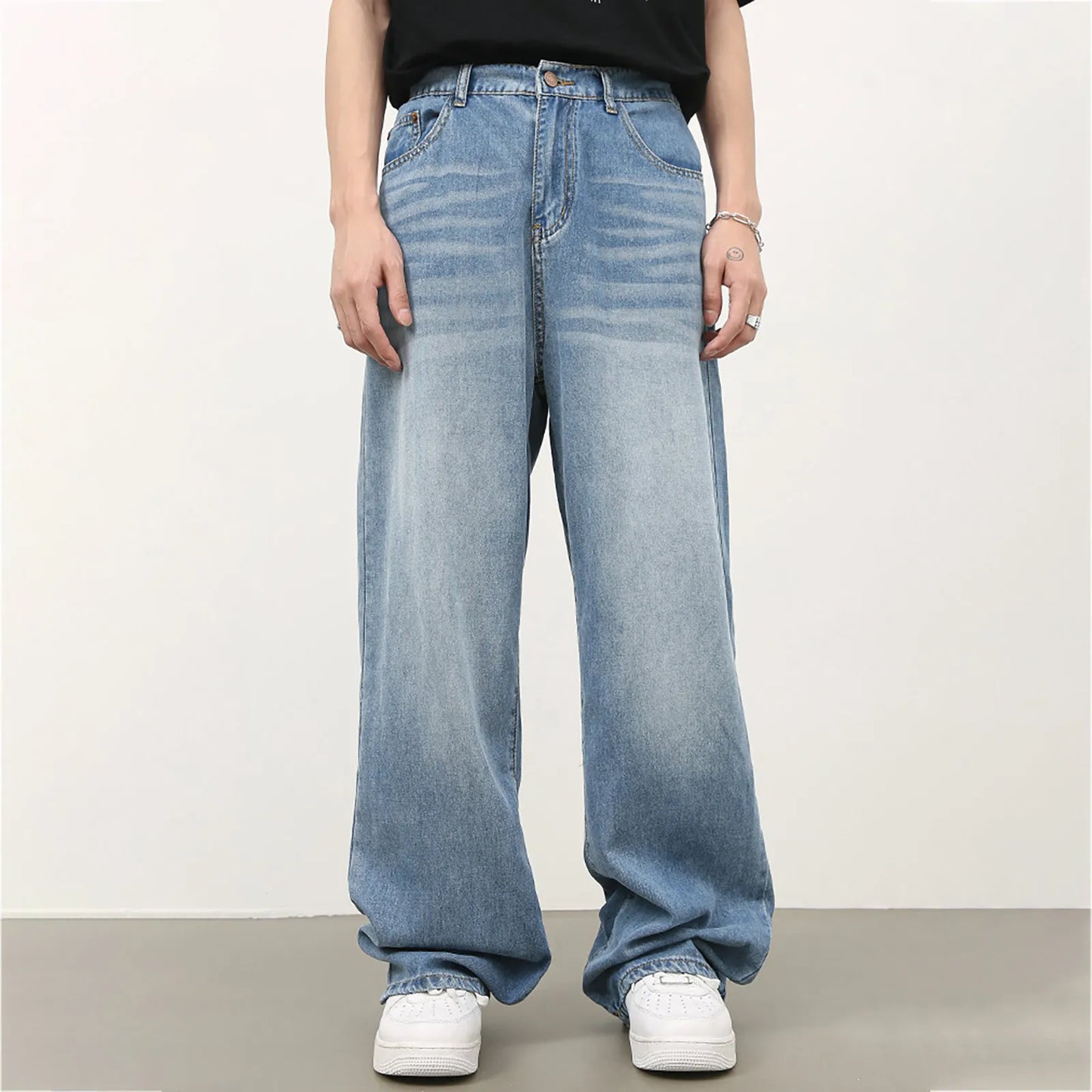 Vintage Simple Style Men's Jeans Fashion Washed Casual Wide Leg Denim Pants Autumn Winter Retro Loose Male Trousers Blue Jeans