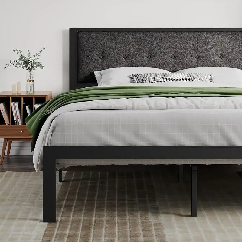 King Size Bed Frame Upholstered Headboard,Platform Bed with Metal Slats,Button Tufted Square Stitched Headboard,Grey