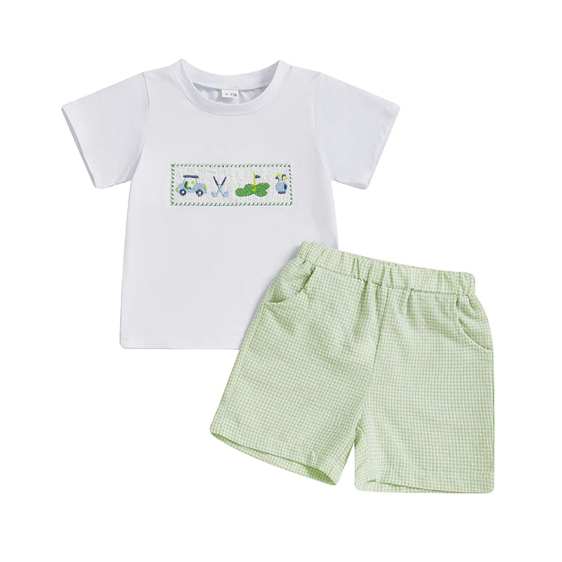 Adorable Infant Boy Golf Attire with Embroidered Tee and Elastic Waist Shorts Perfect for Summer Outings - 2 Piece Set in