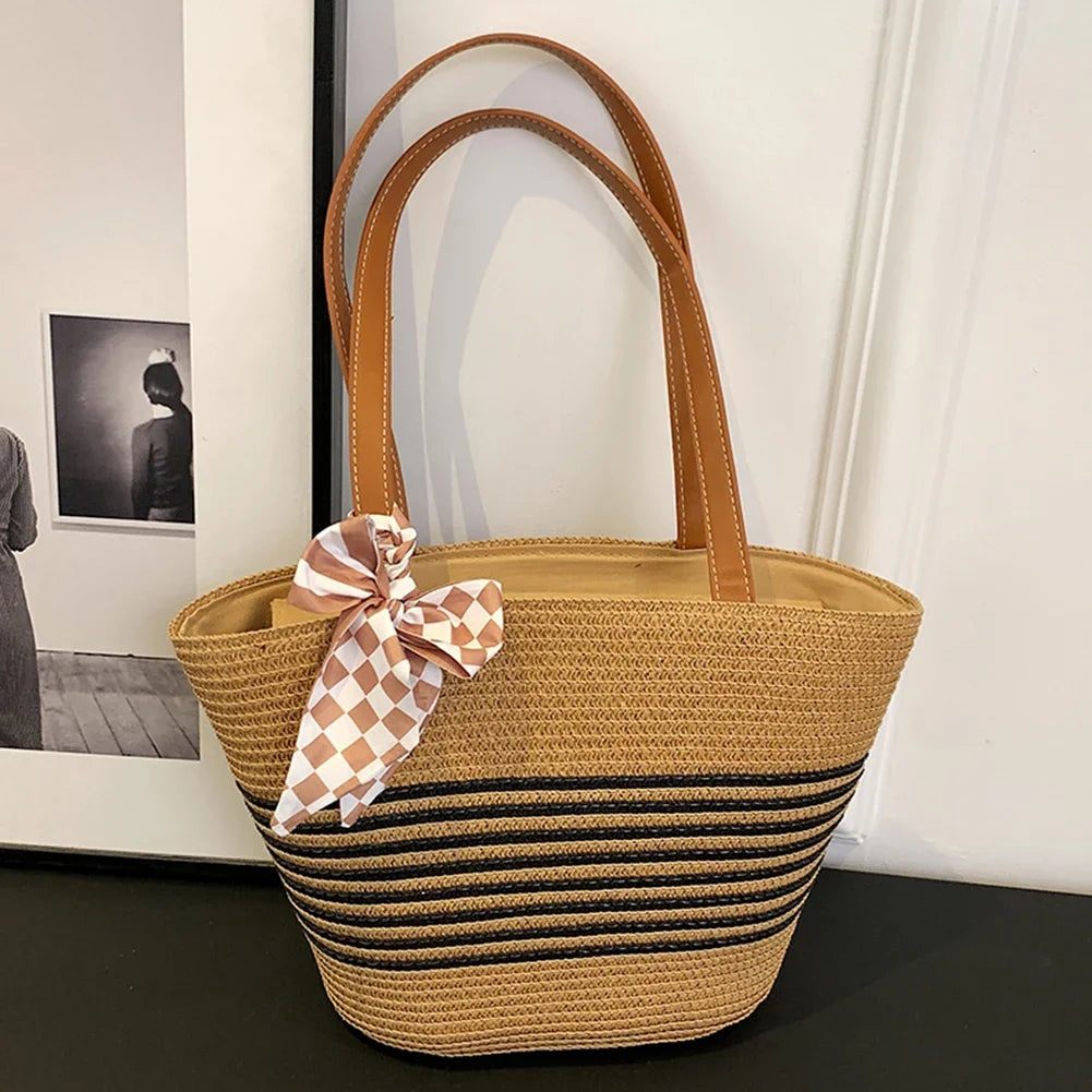 Women Straw Tote Handbag Large Capacity Crochet Beach Handbag Zipper Closure Weaving Striped Handbag Ladies Summer Daily Bag