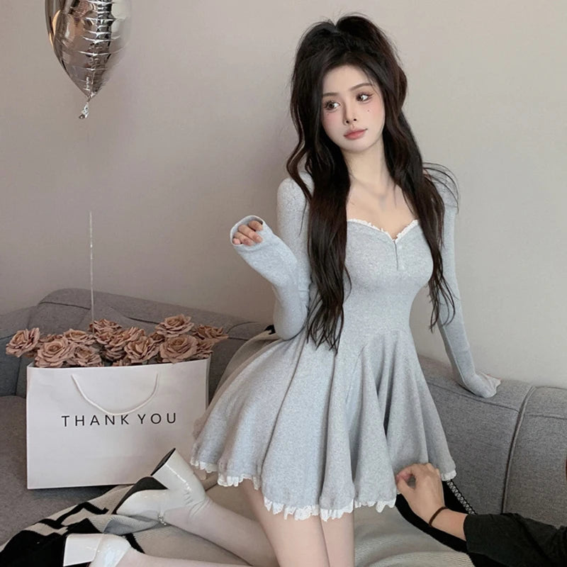 Women Sexy Korean Dress French Style Waist Closed Long Sleeve Collarbone Exposed Sweet