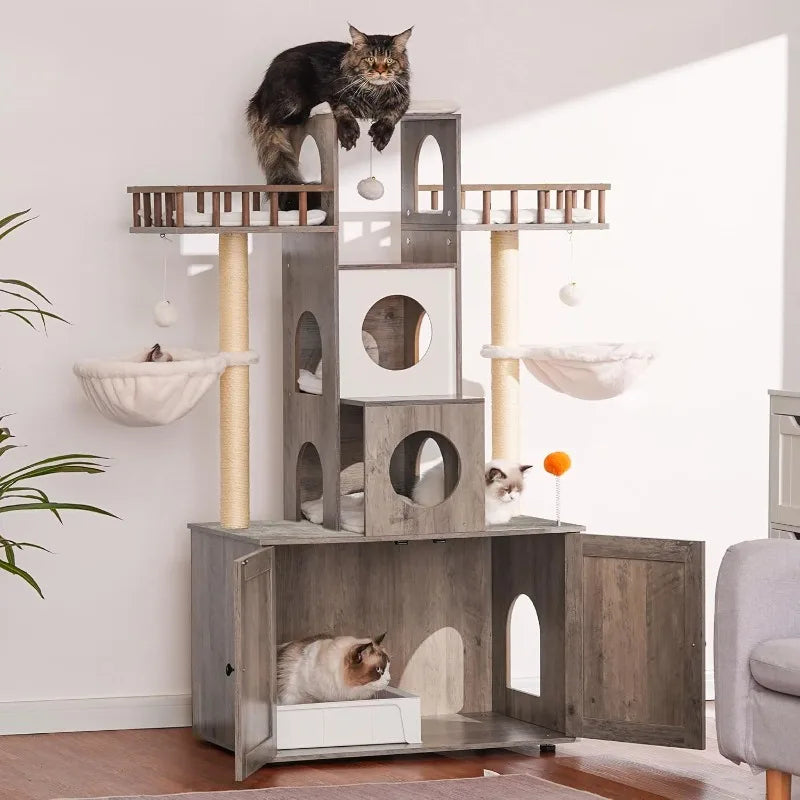 Cat Tree with Litter Box Enclosure for Indoor Big Cat Tower for Large Cats HeavyDuty Modern Cat Condo Furniture Scratching Posts