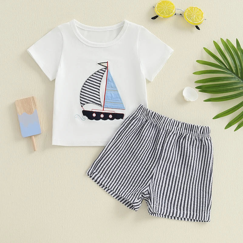 Infant Boy Nautical Theme Outfit with Anchor Applique Short Sleeve Shirt and Striped Shorts Set for Summer Fun