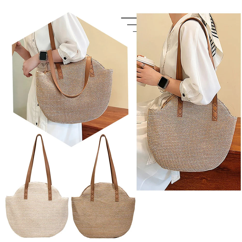 Straw Beach Women Handbag Handmade Woven Boho Vintage Summer Shoulder Top-Handle Bag Large Capacity Lady Vacation Casual Tote